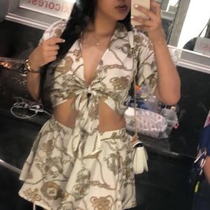 Multi Chain Print Tie Front Shirt+Shorts Set